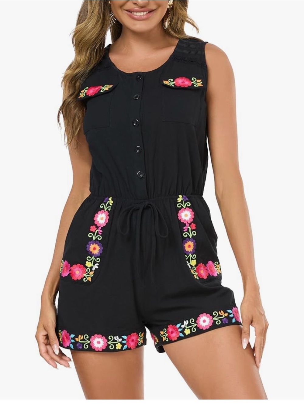 Black Sleeveless Floral Embroidered Romper